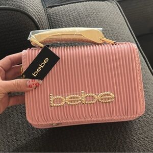 bebe Blush Pink Ribbed Mini Crossbody with Gold Hardware